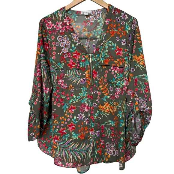 Cato Women's XL Floral V-Neck Blouse with Gold Zipper Detail Multicolor Flowy - Picture 1 of 8